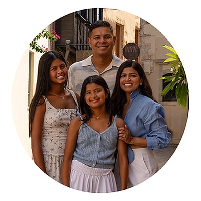 Ambreen Khowaja with her husband and two daughters in a Chania Old Town alley