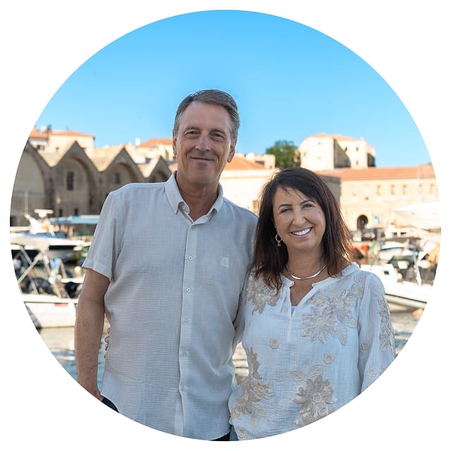 Katherine Aron-Beller photographed by the Venetian Harbour in Chania during her family holiday